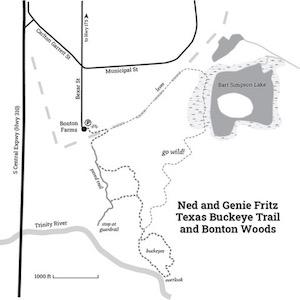Map of the paved and soft-surface Ned and Genie Fritz Texas Buckeye Trails. Map by Scooter Smith/Wild DFW.