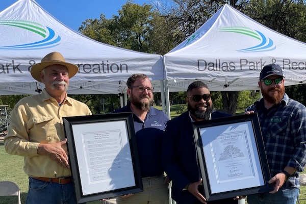 Chief forester for city of Dallas Chris McMaster, park arborist Eric Wettengel, Park Board member Harrison Blair and Marion Lineberry, president of Texas Historic Tree Coalition display proclamations at Moore Tree Grove dedication on Nov. 1, 2023. Courtesy of city of Dallas.​