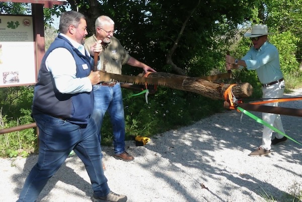 Interim Park and Recreation director​ Dave Lewis, left, and Councilman Leonard Firestone try their hand at sawing the ceremonial "ribbon" as FWNC manager Rob Denkhaus looks on. Photo by Michael Smith.