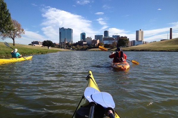 Kayakers on the West Fork near downtown Fort Worth