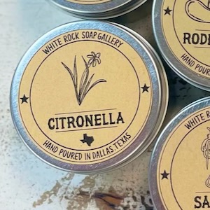 The White Rock Soap Co. offers citronella candles in cute tins.