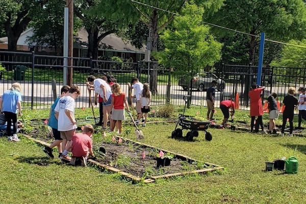 Students at Parker Elementary in Houston install pollinator gardens. Courtesy of Della Barbato.