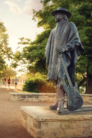 Stevie Ray Vaughan statue at Lady Bird Lake in Austin. Courtesy of Visit Austin.