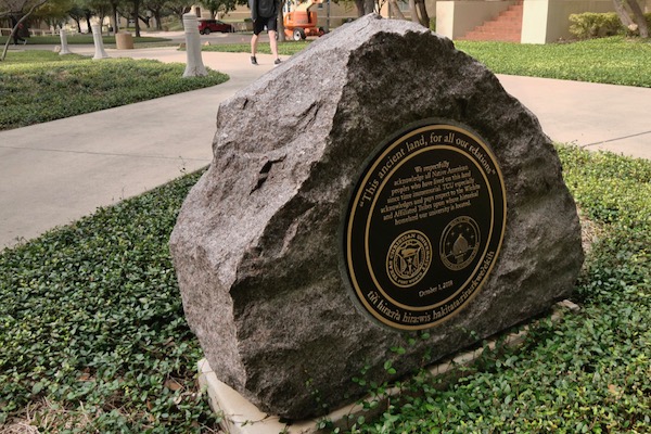 A monument at TCU acknowledges the indigenous people who inhabited the area, prior to European settlers. Photo by J.G. Domke.