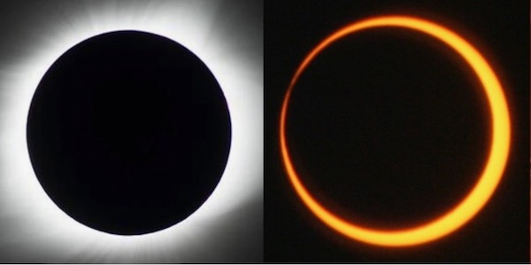 These images show a total solar eclipse and an annular solar eclipse. Courtesy of NASA/MSFC/Joseph Matus and NASA/Bill Dunford.
