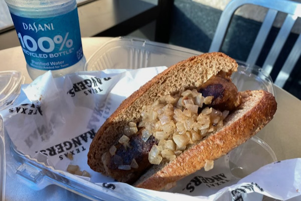 Vegan Bratwurst at Rangers' Globe Life Field. Photo by Andrew Ridout.